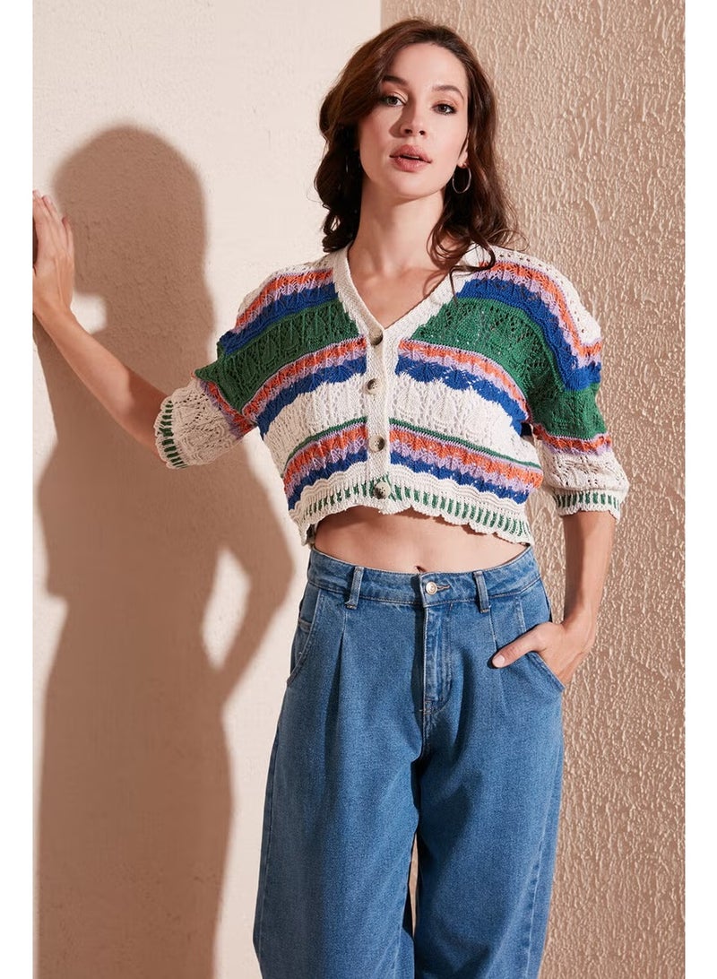 Lela Colored V-Neck Openwork Crop Cardigan Women's Cardigan 6071583 - Image 3